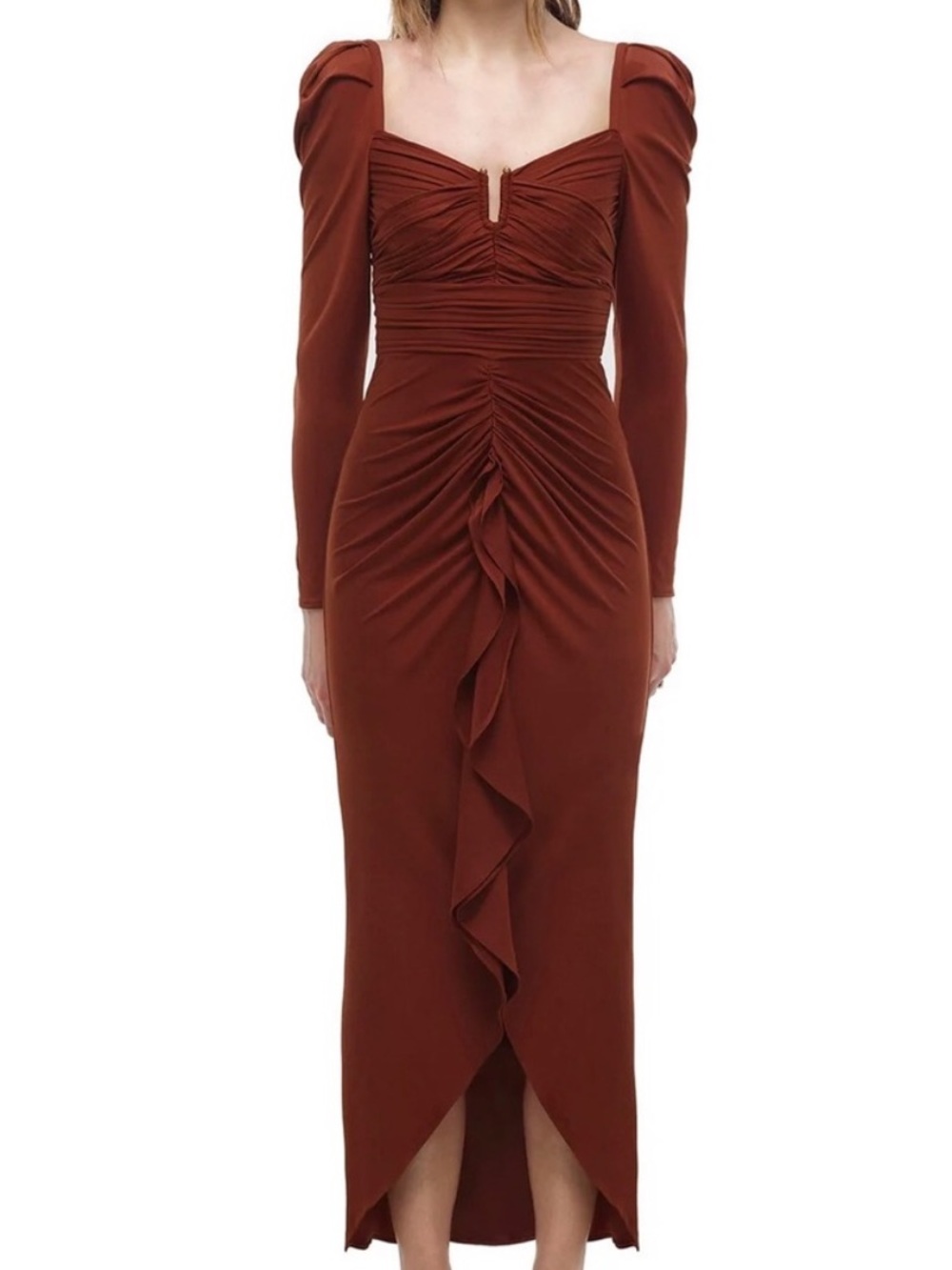 Self-Portrait Rust Waterfall Frill Crepe Midi Dress - Long Sleeve